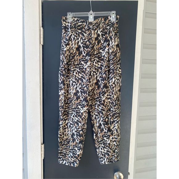 Zara Olive Green/Brown/Black Linen Leopard Pocket Highwaist Pants, Size Medium - Picture 1 of 10